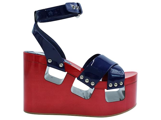 Miu Miu Navy Blue and Red Patent Leather Wedges  ref.535522
