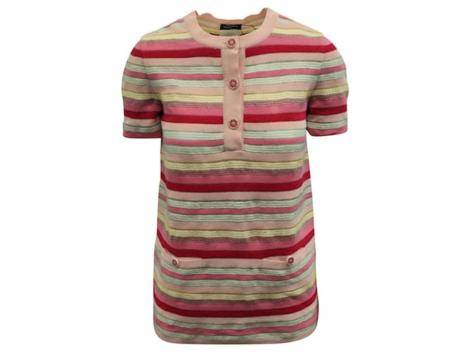 Chanel Colorful Striped Short Sleeve Top with Buttons Pink  ref.535542