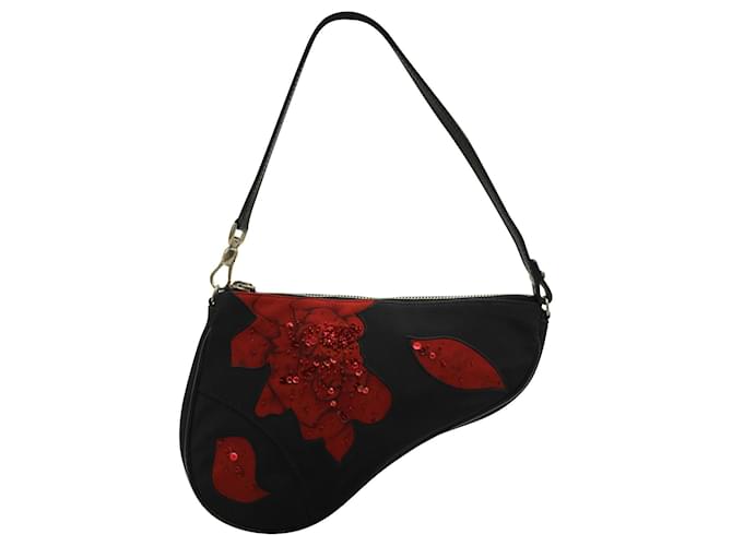 Saddle Dior Mini alforja de edición limitada con flores rojas Negro  ref.535588
