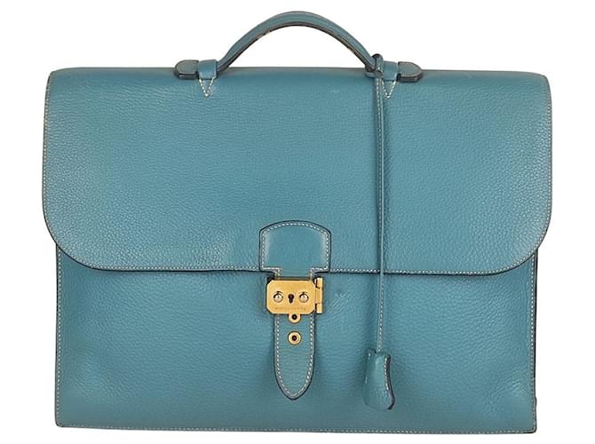 Hermès work bag à dépeches in turquoise leather Light blue  ref.535613