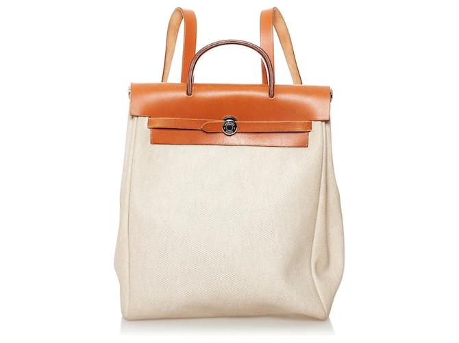Hermès Hermes White Herbag Canvas Backpack Orange Leather Cloth Pony-style calfskin Cloth  ref.536305