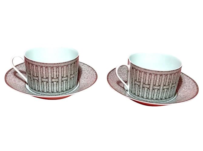 Hermès Hermes 2 Breakfast Cup and Saucer Mosaique au 24 platinum Silvery White Ceramic  ref.536747