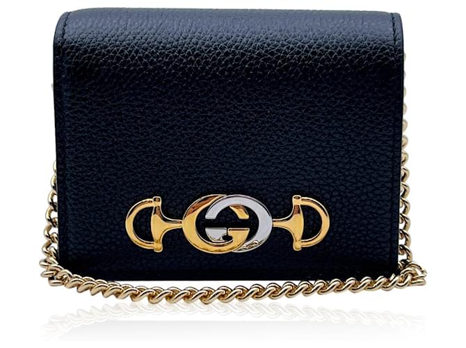 Gucci Black Leather Zumi Credit Card Case Mini Wallet with Chain   - Joli Closet