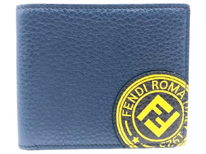 *FENDI FENDI Fendi stamp wallet Portefeuille à deux volets avec logo FF (sans porte-monnaie) cuir homme bleu marine marine x système jaune  ref.537313