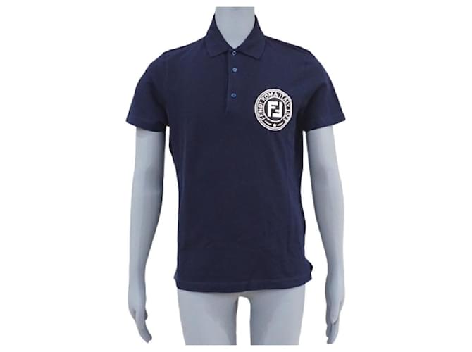 FENDI Circle Logo Print Polo Shirt Tops Short Sleeve Apparel Fashion Clothing Navy Blue Cotton  ref.537317