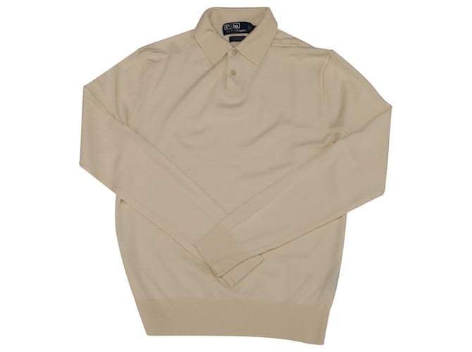 Polo by Ralph Lauren Langarm-Poloshirt aus cremefarbener Merinowolle Weiß Roh  ref.538377