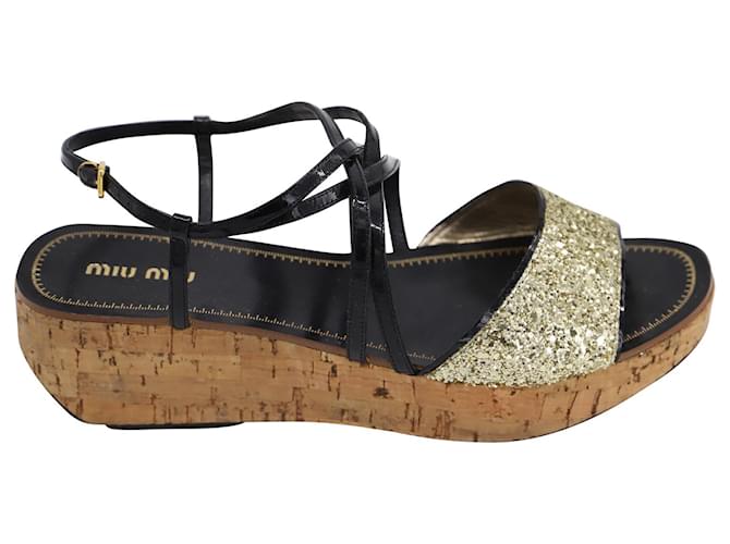 Miu Miu Ankle Strap Glitter Platform Sandals in Black Leather  ref.538383