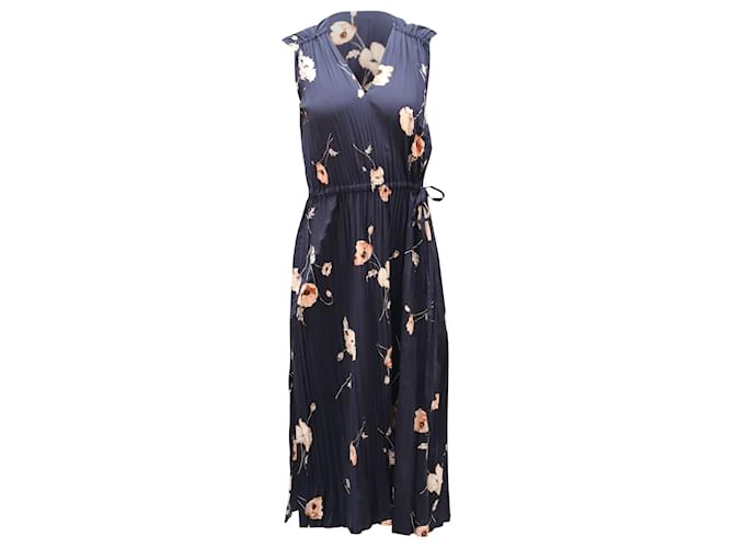 Vince Waist-gathered Pleated Floral Dress in Navy Blue Polyester  ref.538399