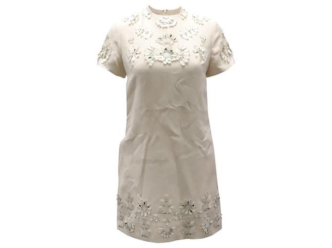 Valentino San Gallo Couture Embellished Shift Dress in Ivory Wool White Cream  ref.538406