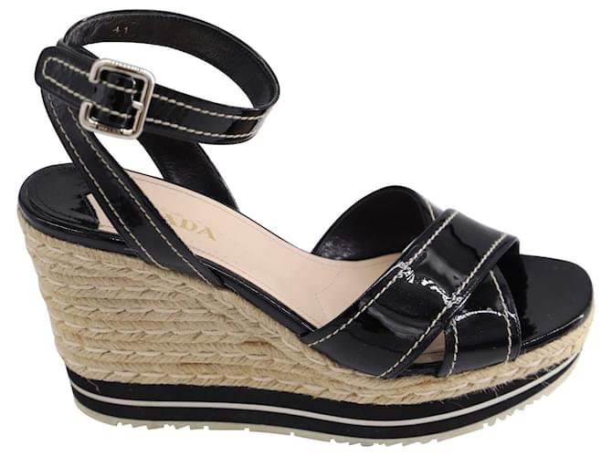 Prada Ankle Strap Espadrille Wedges in Black Patent Leather  ref.538450