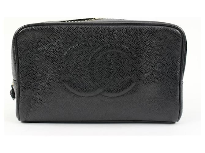 Chanel Bolsa Cosmética Black Caviar CC Logo Couro  ref.538700
