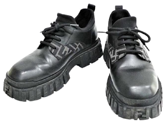 Fendi Sneakers Force Lace-up FENDI Men's Zucca Shoes Rubber Sole Thick Bottom Leather Shoes 7 Size Black  ref.538728