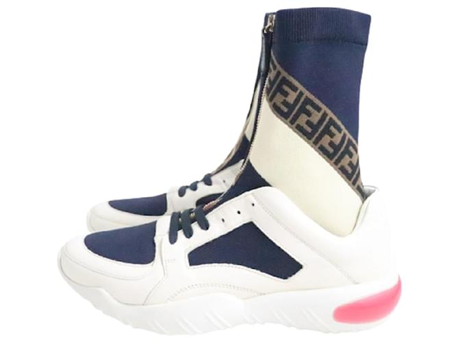 Fendi Fila collaboration center zip leather combination Zucca socks sneakers / high cut shoes 7 men Dark blue Cloth - Joli Closet