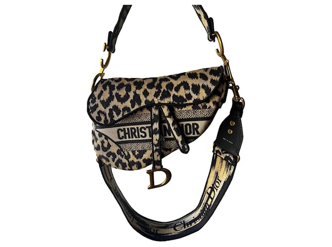 Dior Saddle large Leopard Tissu Noir Beige Sable  ref.538918