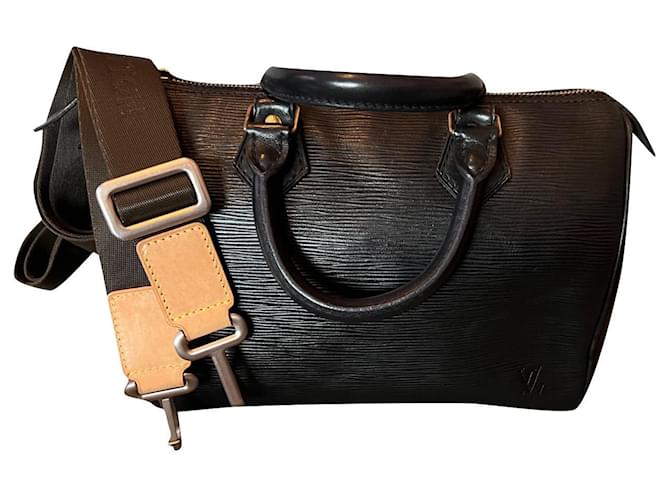 Louis Vuitton speedy 25 Epi Black + LV shoulder strap nylon Leather  ref.539670