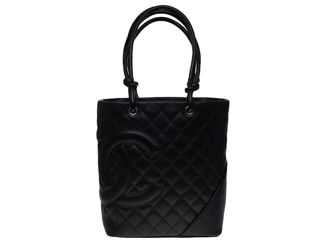 Beautiful Chanel Cambon shopping bag in black quilted lambskin, Garniture en métal argenté Leather  ref.540180