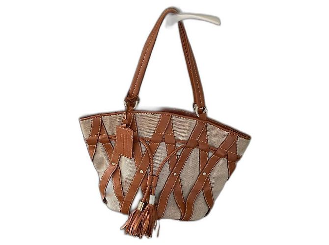 Elsa Sellier Bolsa Lancel Elsa Cabas Twen'y Bege Cognac Couro Conhaque