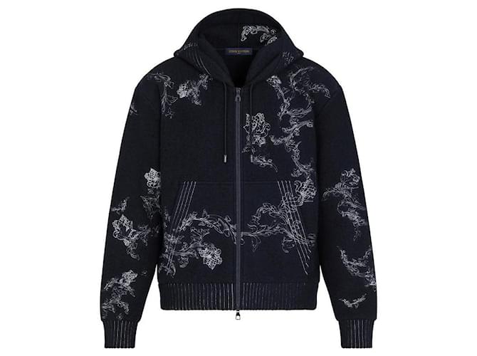 Louis Vuitton Men's L Blue Embroidered Flower Zip Through Hoodie