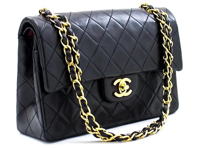 Chanel 2.55 Bolso de hombro pequeño con cadena y solapa forrada Piel de cordero negra Negro Cuero  ref.540704