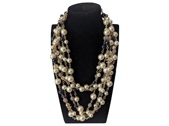Chanel CC A16K Logo Long Baroque pearl 3 strand necklace with box tag White Metal  ref.541193