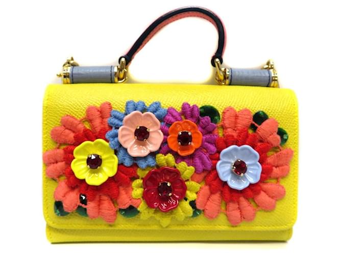 DOLCE & GABBANA Phone bag Chain wallet SICILY VON BAG 2015 Tokyo capsule collection limited rare yellow flower Flower embroidery ladies bag Leather  ref.541547