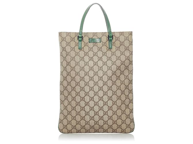Gucci Brown GG Supreme Tote Bag Beige Green Leather Cloth Pony-style calfskin Cloth  ref.541629