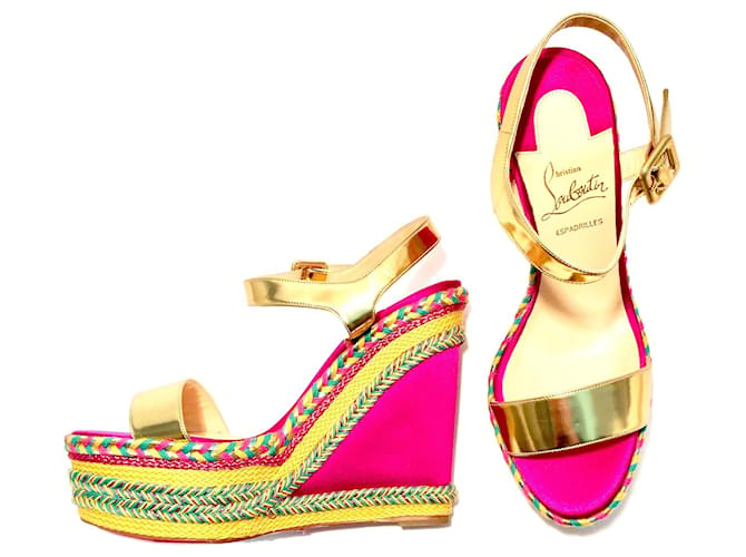 Christian Louboutin Louboutin pink, yellow & green espadrille wedge sandals with gold ankle straps Multiple colors Leather  ref.542168