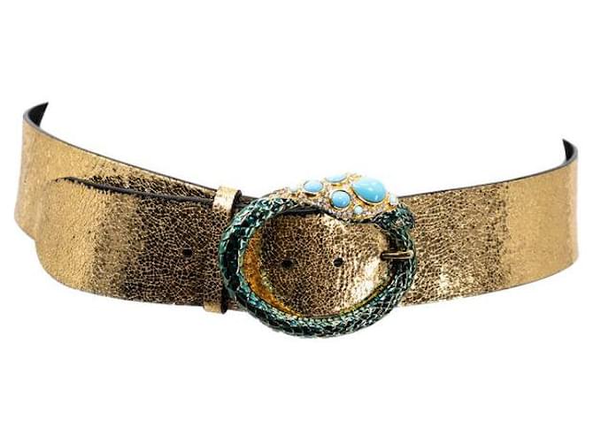 hoofdkussen Somber Het strand Roberto Cavalli belt in gold leather with green snake buckle Golden  Metallic ref.542173 - Joli Closet