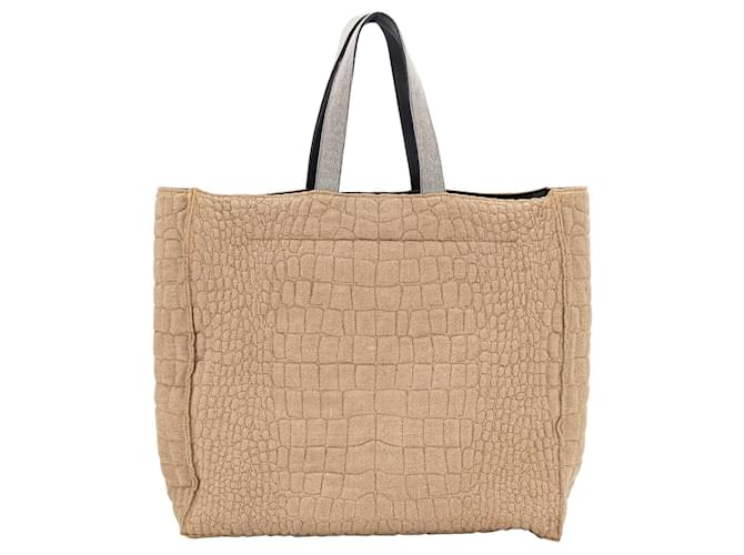 Bolso tote Brunello Cucinelli en material pespunteado de cocodrilo tostado con asas plateadas con cuentas Precious Blanco Crudo Algodón  ref.542191