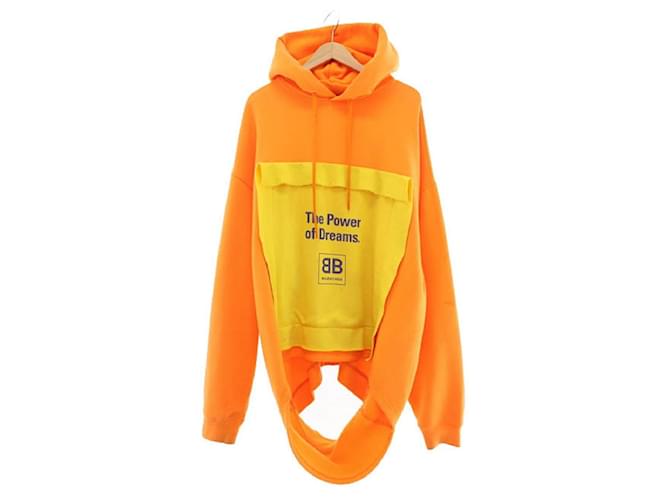 *Balenciaga BALENCIAGA 18SS logo imprimé ourlet doublé pull à capuche M orange jaune marque vieux vêtements Coton Polyester  ref.542909
