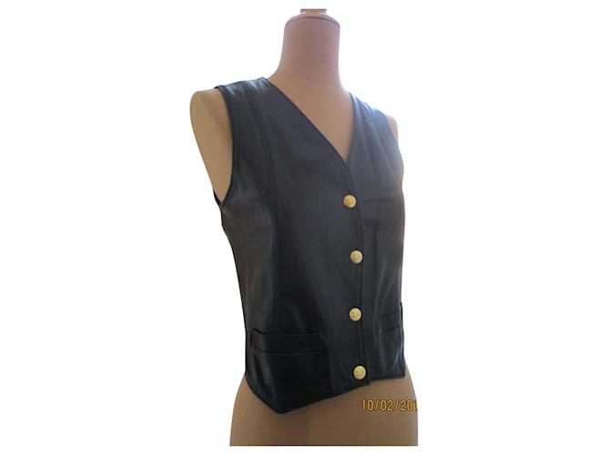 Céline Navy leather vest, taille 40. Navy blue  ref.543029