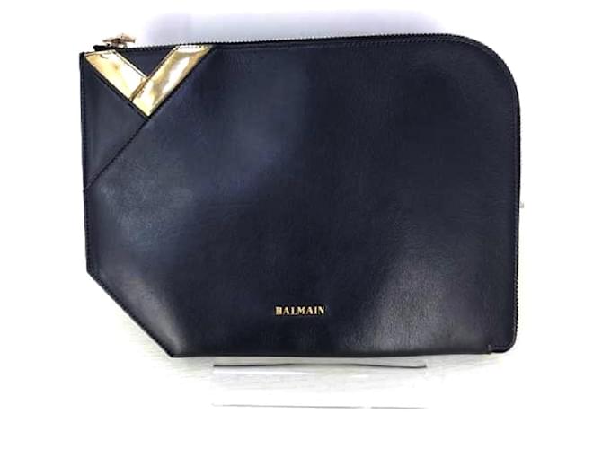 * BALMAIN (Balmaın) leather L-shaped fastener clutch bag men's Black  ref.544492