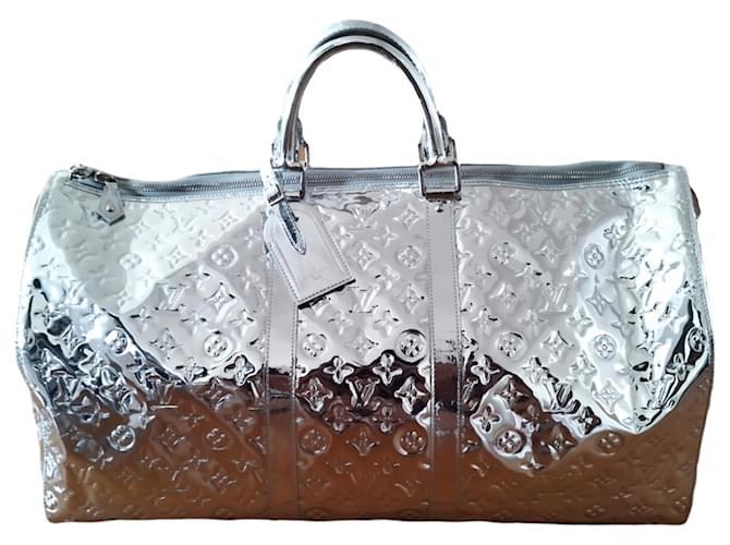 Silver Monogram Mirror Canvas Keepall Bandoulière 50 Silver