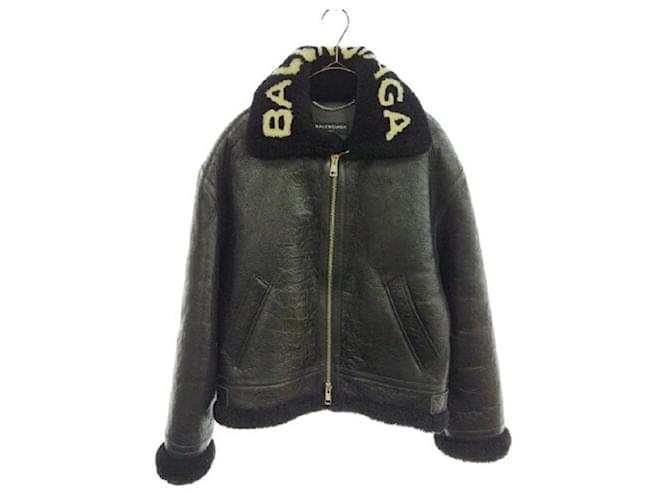 BALENCIAGA Shearling Bombadier Shirring logo color Mouton leather jacket Black  ref.545117