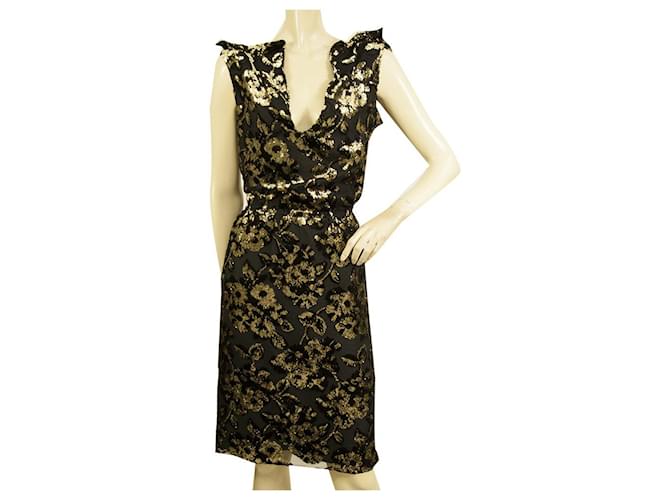 Lanvin Black & Gold Floral Devore Sleeveless Cocktail Evening Knee dress size 40 Golden Silk Viscose  ref.545386