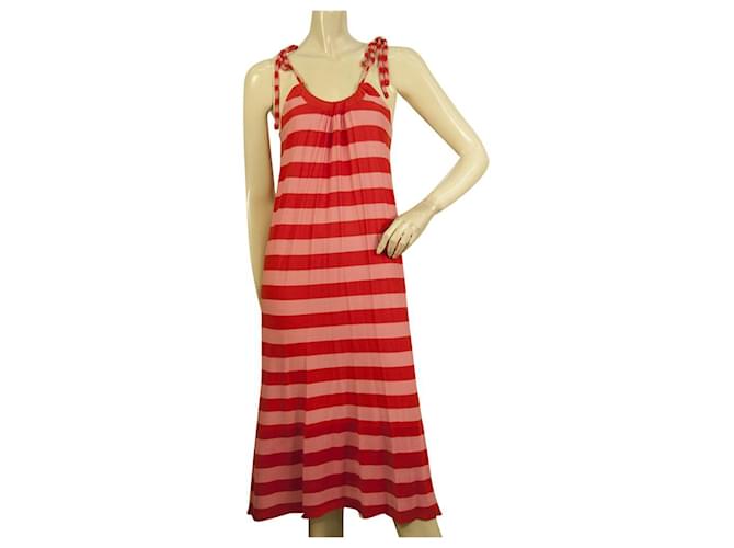 SONIA by SONIA RYKIEL 100% silk Knit Red & Pink Stripes Summer Calf Dress  ref.545591