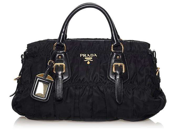 Prada Black Tessuto Gaufre Handbag Leather Pony style calfskin