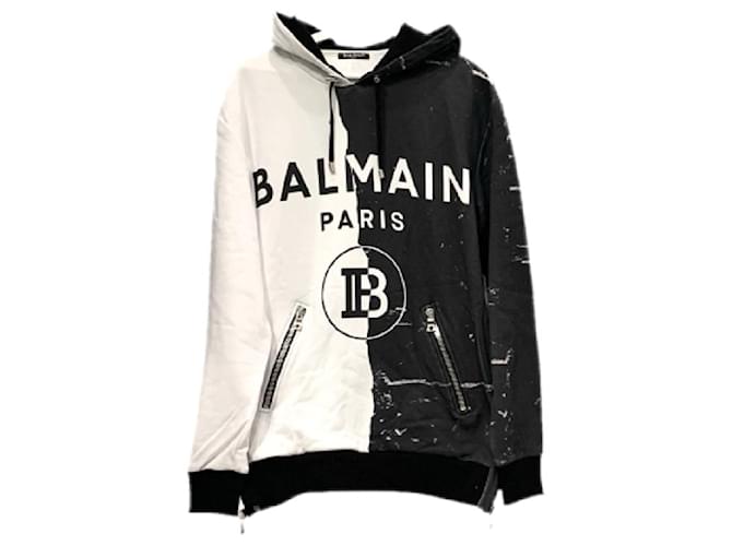 *BALMAIN Balmain Parker Hood Jacket Top Logo manica lunga Nero Bianco Nero Bianco Bicolore XS da uomo Cotone  ref.546078