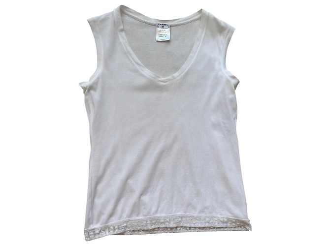 Top Chanel de algodão branco com estampa de logo mesh