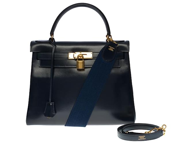 Hermès Splendida borsa Hermes Kelly 28 tracolla foderata di ritorno, finiture in metallo placcato oro Blu navy Pelle  ref.546736