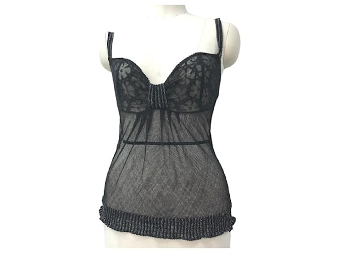 *CHANEL CC Coco Mark Embroidery Lace Sheer 05C Camisole Wool Ladies Black Nylon  ref.546805