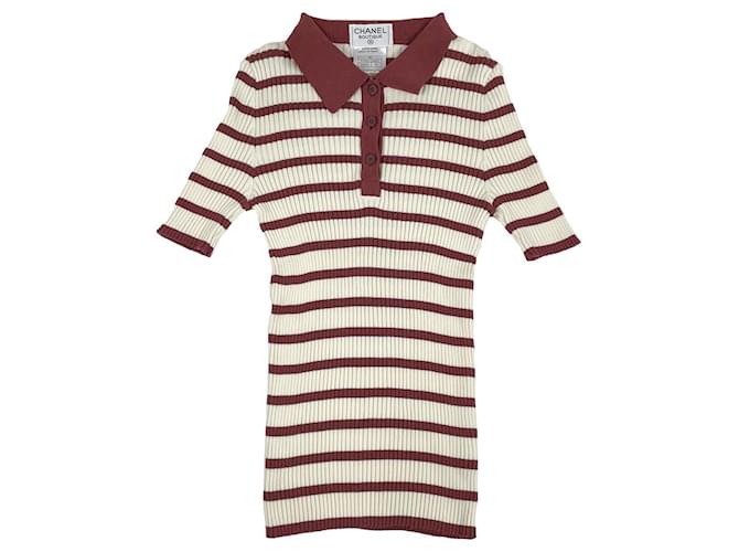* Chanel CHANEL Border Short Sleeve Knit Ribbing Elastic Tops Cut and Sewn Cotton White Bordeaux Ladies Red  ref.546807
