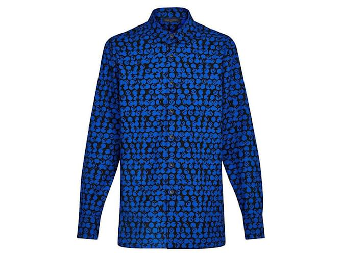 Louis Vuitton Camisa Hombre XXL Azul Negro LV Monogram DNA Manga Larga Botones  ref.547003