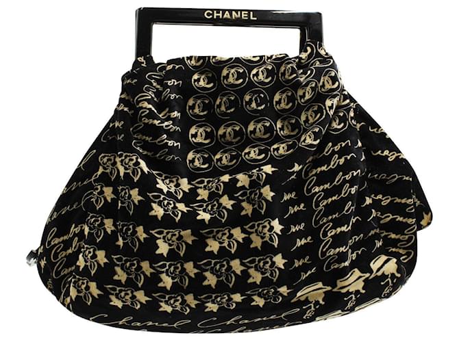 Chanel Cabas Vintage Imprimé Velours Noir Plastique Métallisé  ref.547187