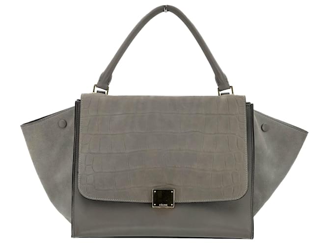Céline Trapeze MM bag grey leather with croc embossed flap   ref.547402