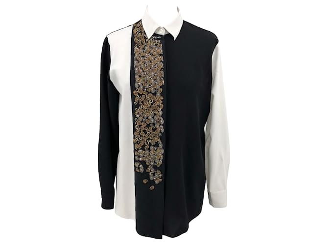 Camisa Etro de crepé de seda blanco y negro con bordado de flores doradas y cristales  ref.547499