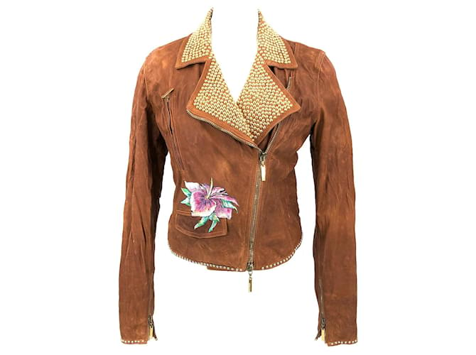 Roberto Cavalli 2003 runway leather jacket in brown with flower embroidery  ref.547794