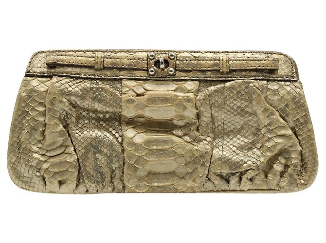 Zagliani Python Leather Golden Clutch Metallic