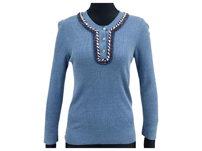 * CHANEL Coco Mark Bottone Taglia e cuci Top Abbigliamento Abbigliamento Moda Tweed a maniche lunghe Azzurro Blu Biancheria  ref.549224