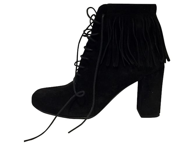 Saint Laurent lace up fringed ankle boots Black Suede  ref.549667